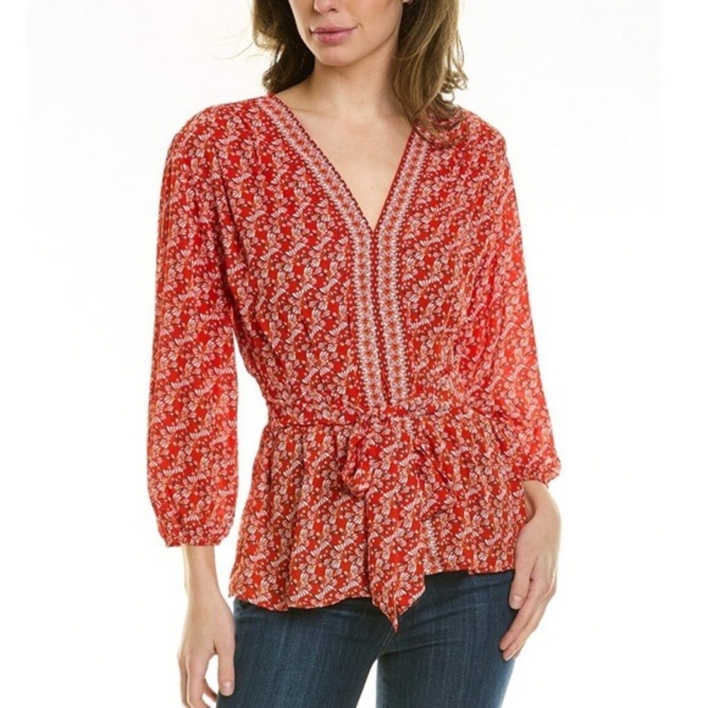 Max Studio Red Floral Smocked Waist Peplum Blouse V-Neck Tie Front Plus Size 3X